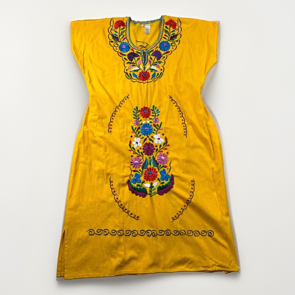 Mexican Embroidered Dress Size Large Yellow Embroidered Floral Kaftan Vintage